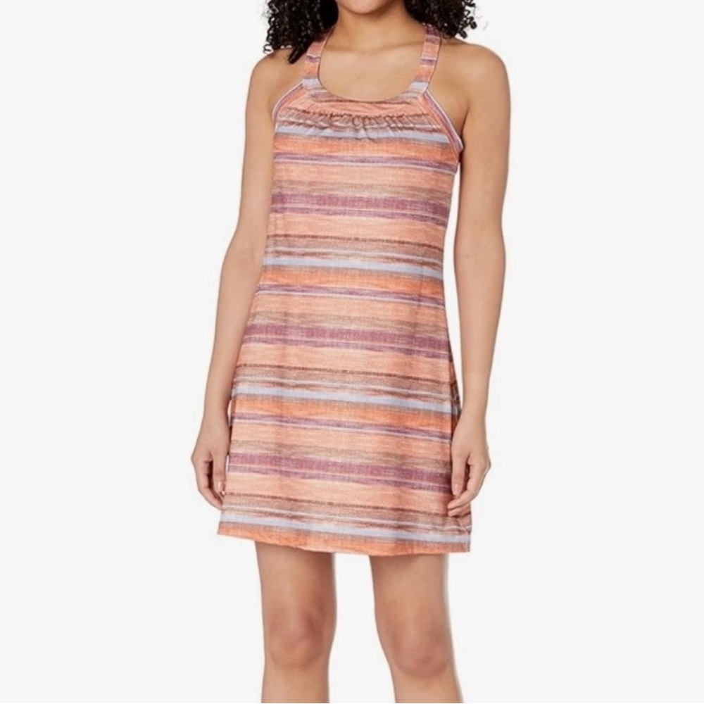 Prana Cantine Halter Dress Orange Stripe Size Small Athletic Built In Bra Active